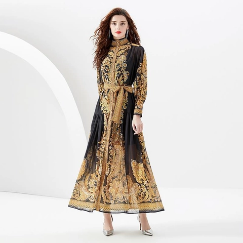 Barock Druck Maxi Kleid Stehkragen Lange Laternenärmel Elegant Vintage Resort Langes Kleid Mit Gürtel Damen