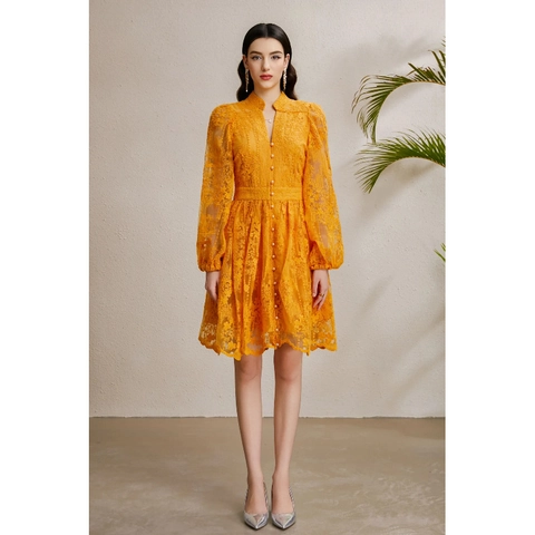 Vestido Midi De Encaje Bordado Amarillo Cuello En V Manga Linterna Botón Perla Artificial Vestido Línea A Elegante Para Mujer