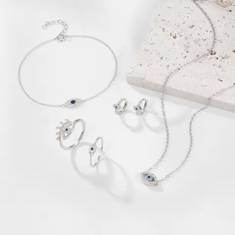 Collar Pulsera Pendientes Anillos Evil Eye Plata De Ley 925 Circonita Azul Estilo Bohemio Joyería Para Mujeres Regalo