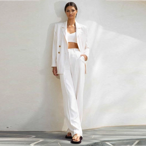 Dames Witte Polyester Double Breasted Blazer Met Crop Top En Wijde Pijpen Broek Professionele Zakelijke Kantoorstijl Elegant