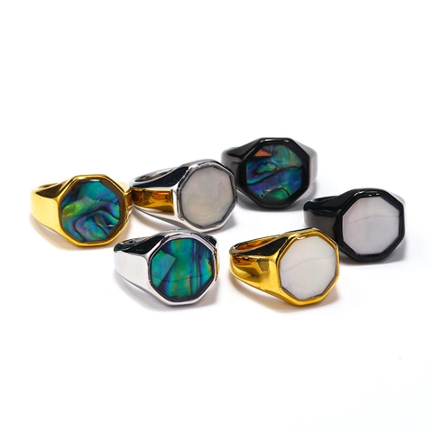 Octagon Signet Ring Stainless Steel Inlaid With Abalone Shell And White Mother Of Artificial Pearl Fashion Personalized Unisex