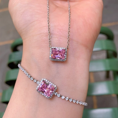 Elegante Halskette Und Armband Für Damen Mit Rechteckigem Rosa Gelbem Zirkon Kupfer Platin Vergoldet Halo Design
