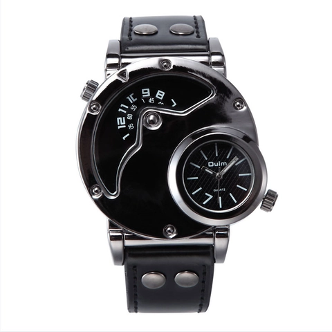 Montre Oulm Fashion pour Homme Double Fuseau Horaire Punk Sport Montre à Quartz pour Homme Bracelet en Cuir Véritable Rivets Design Industriel Montre-Bracelet