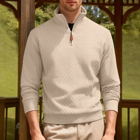 Felpa Uomo Colletto Rialzato E Zip A Un Quarto Motivo Jacquard A Quadri E Fodera In Pile Spessa Pullover Urbano Casual