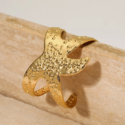 Seestern Armreif Edelstahl Offen Breit Geometrisch Hammerschlag Textur Ozean Serie Sommer Strand Schmuck Für Damen