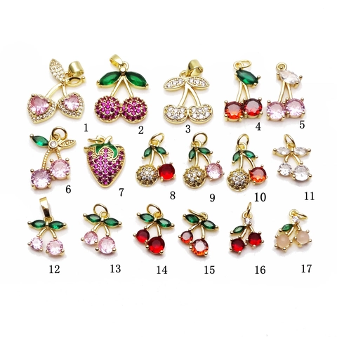 Fruit Cherry Strawberry Pendants Copper Zircon Inlay Charms For DIY Jewelry Making Necklaces Bracelets Accessories Sweet Style