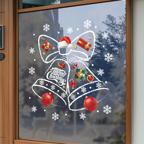 Christmas Window Static Stickers PVC Reusable Glass Decals Bell Snowflake Bow Shop Showcase Double Sided Decor