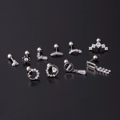 Stainless Steel Ear Cartilage Studs Copper Zircon Geometric Moon Star Piercing Jewelry Screw Ball Back Fashion Women