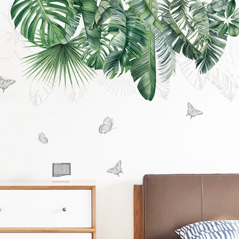 Tropical Green Leaves Wall Sticker PVC Self Adhesive Removable Decal Monstera Palm Leaf Butterfly For Living Room Bedroom