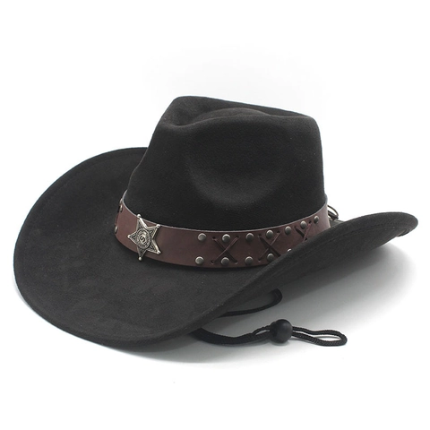Ethnic Western Cowboy Hat Wide Brim Suede Fedora With Star Badge Studded Leather Band And Adjustable Wind Rope For Men Women