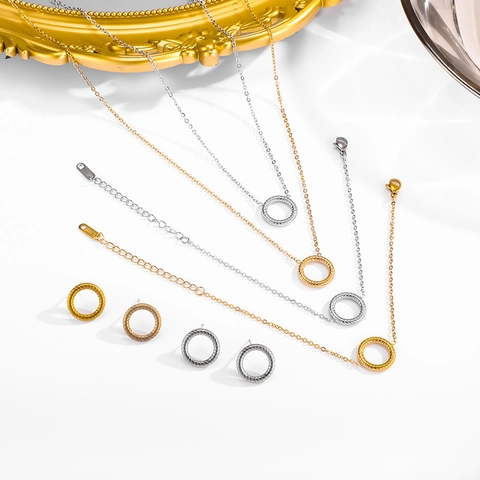 Stainless Steel Necklace Bracelet Stud Earrings Women Retro Textured Geometric Circle Heart Hypoallergenic Minimalist Jewelry