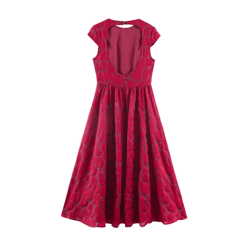Abito Maxi In Jacquard Di Rose 3D Rosso Sexy Schiena Scoperta Senza Maniche Vita Alta Elegante Abito Lungo Da Sera