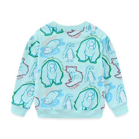 Boys Casual Cartoon Animal World Print Sweatshirt Light Blue Long Sleeve Cotton Blend Crew Neck Pullover For Kids Top