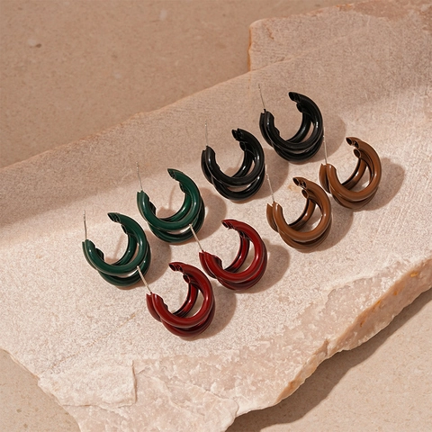 Multi-Layer C-Shaped Earrings With Silver Earring Post Vintage Geometric Painted Alloy Studs For Women Minimalist Style