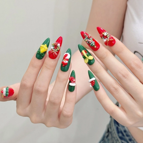 Uñas Postizas a Presión 3D de Navidad Hechas a Mano Papá Noel Reno en Relieve Rojo Verde Festivo Perlas Artificiales Decorativas