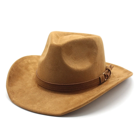 Western Cowboy Hat Suede Texture Wide Brim Fedora With Leather Band Metal Buckle Vintage Style For Men Women