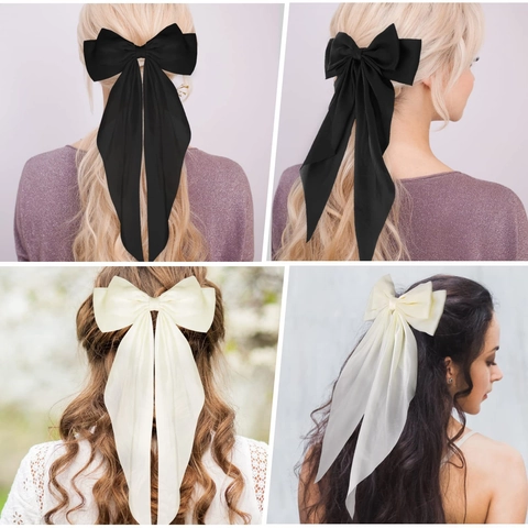 Elegante Pinza Para El Pelo Con Lazo Grande De Tela Cinta Larga Diseño Color Sólido Clip De Resorte Accesorio Mujer Niña Regalo