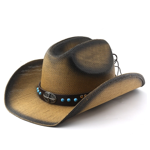 Western Cowboy Hat Straw Wide Brim Sun Hat With Leather Band Turquoise Rivets And Cross Badge Retro Outdoor For Men Women