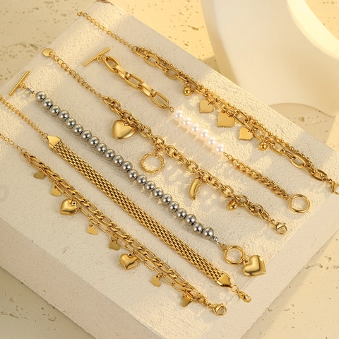 Pulsera De Acero Inoxidable Con Colgante De Corazón Chapado En Oro De 18K Vintage Lujo Multicapa Para Mujer