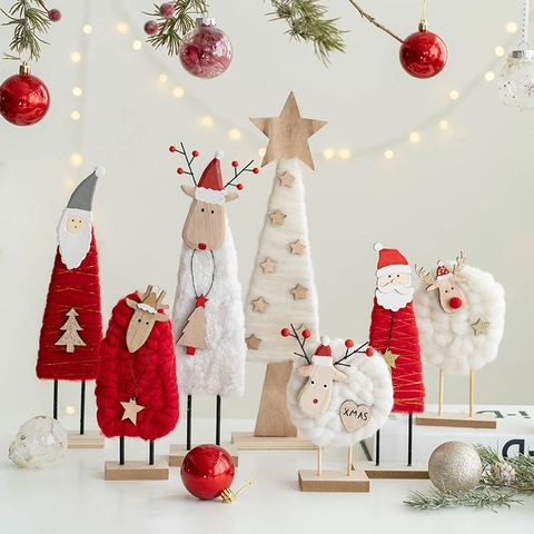 Ornements De Noël De Bureau Nordiques Feutre De Laine Bois Renne Mouton Père Noël Fait Main Décoration De Table Festive