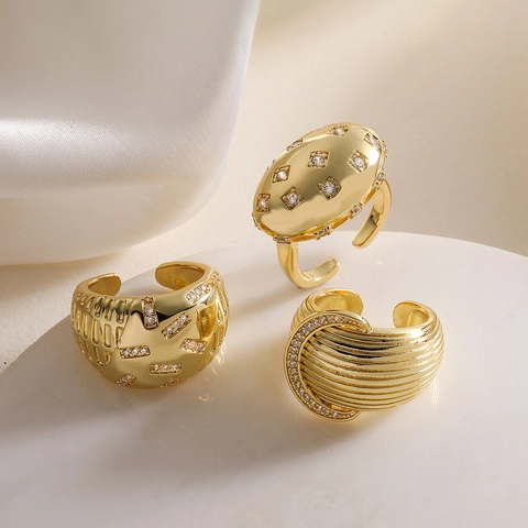 Fashion Geometric Copper Open Ring For Women 18K Gold Plated Zircon Inlaid Minimalist Commuter Style Finger Jewelry