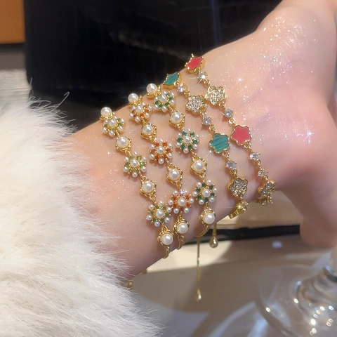 Bloem Klaver Verstelbare Armband Met Kunstparelmoer En Zirconia Elegante Gouden Koperen Ketting Sieraden Voor Vrouwen