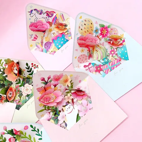 3D Pop Up Greeting Cards Paper Handmade Laser Cut With Envelopes For Birthday Festival Blessing Flower Unicorn Cat Designs