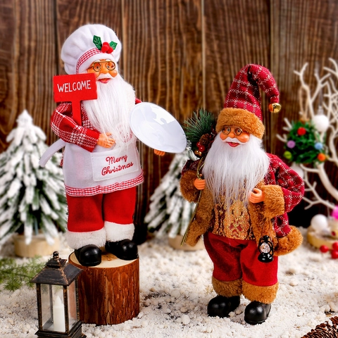 Figurine Père Noël Debout Tissu Plastique Résine Bois Noël Maison Décoration Table Motif À Carreaux Style Chef Ornement