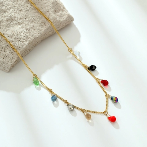 Heart Pendant Necklace Gold Plated Stainless Steel Colorful Teardrop Zircon Double Layer Chain Fashion Jewelry For Women