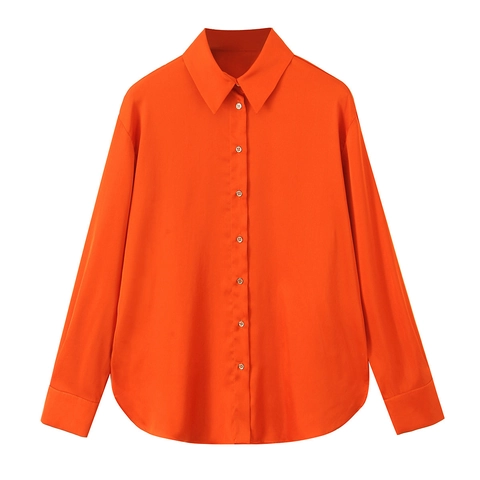 Chemisier Satiné Manches Longues Boutonné Col À Revers Coupe Ample Cordon De Serrage Dos Haut Mode Femmes