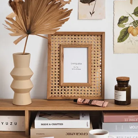 Solid Wood Photo Frame With Bamboo Weave Rattan Rectangular Desktop Wall Hanging Natural Nordic Boho Style