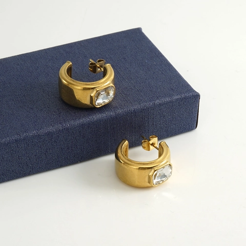 Orecchini A Cerchio Geometrici A Forma Di C Acciaio Al Titanio Placcato Oro 18K Zircone Rettangolo Gioielli Minimalisti Per Donna