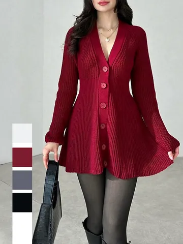 Robe Pull En Tricot Élégante Pour Femmes Col En V Manches Longues Boutonnée Côtelette Coupe Ajustée Décontractée Midi