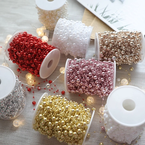 Christmas Bead Chain Garland Spool Plastic Artificial Pearl Bead Roll For Holiday Tree Wedding DIY Party Decoration Festive Craft
