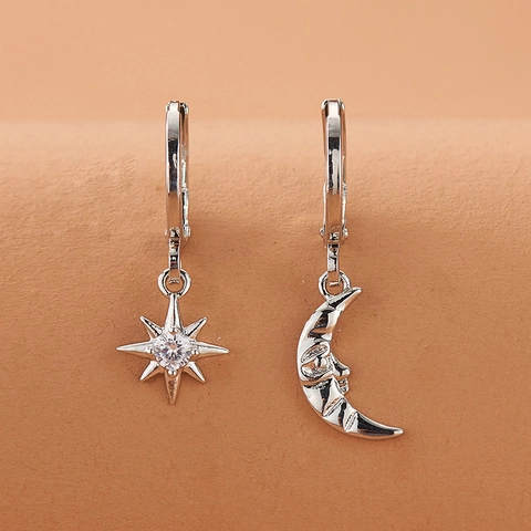 Asymmetric Star And Moon Hoop Earrings Copper With Zircon Inlaid Vintage Fairy Tale Style For Women