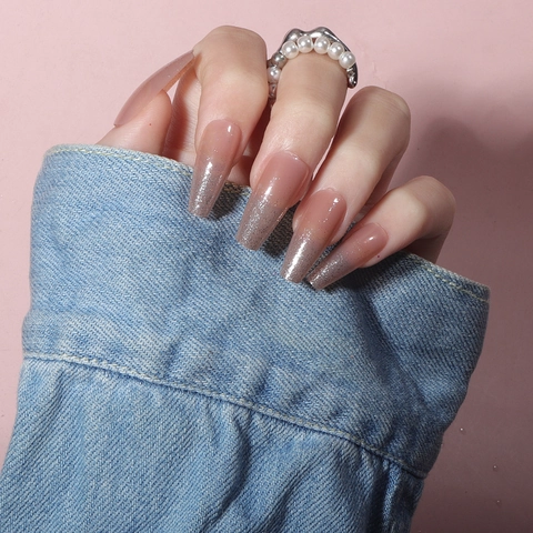 Faux Ongles Longs Coffin Dégradé Paillettes Rose Nude Et Argent Métal Liquide Décoratif Pour Femmes
