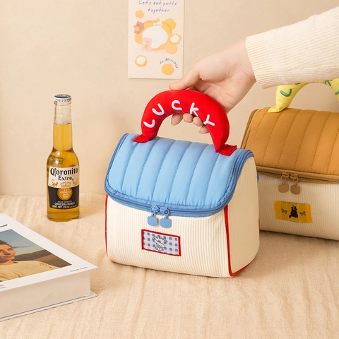 Borsa Da Toilette Trapuntata A Forma Di Casa Grande Capacità Organizzatore Da Viaggio Ricamo Lucky Velluto A Coste Pochette