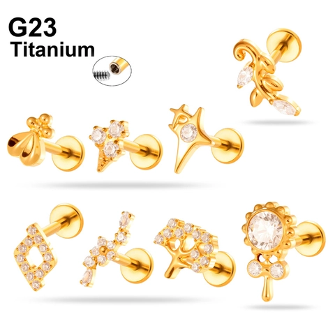 G23 Titanium Labret Stud Internally Threaded Cartilage Earring With Cubic Zirconia Heart Star Bee Tree Piercing Jewelry