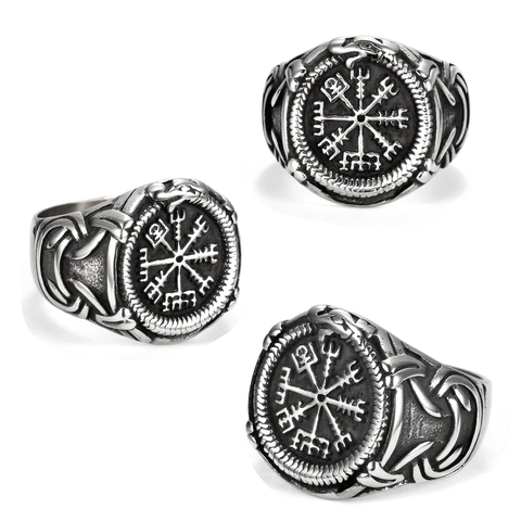 Wikinger Kompass Ring Edelstahl Ouroboros Nordische Rune Vegvisir Mythologie Retro Silber Punk Stil Schmuck Für Herren