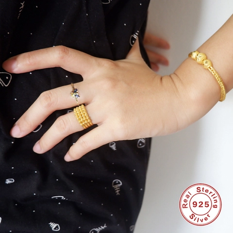 Anillo Abierto de Abeja de Plata de Ley S925 para Mujer Ajustable Bañado en Oro Circonia Insecto Joyería Minimalista