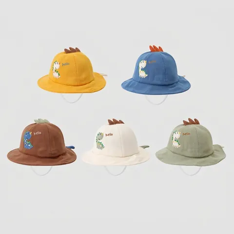 Kinderen Katoen Bucket Hat Cartoon Dinosaurus Borduurwerk Winddicht Vissershoed Voor Peuters Jongens Meisjes Accessoires