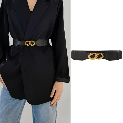 Mode Damen Elastisch Korsettgürtel Vielseitig Schwarz Kunstleder Dekorativ Taille Gürtel Gold Doppelring-Schnalle