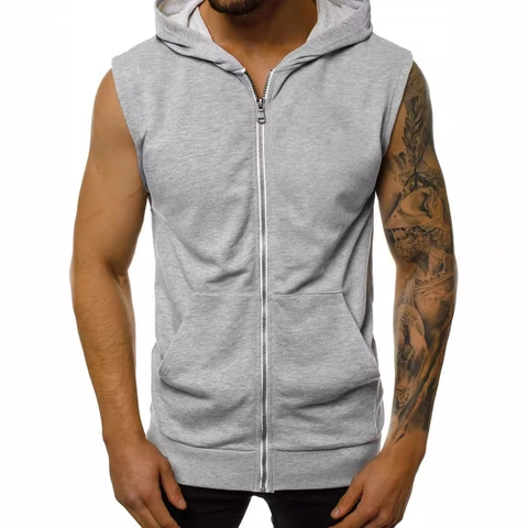 Men Casual Polyester Sleeveless Hoodie Sporty Full Zipper Vest Solid Color Fitness Gym Bodybuilding Loose Fit Top For Men