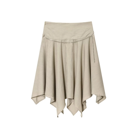 Women Asymmetric Khaki Striped Midi Skirt With Metal Disc Chain Belt Polyester High Waist Casual Streetwear