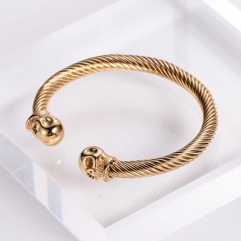 Skull Open Cuff Bracelet Stainless Steel 18K Gold Plated Twisted Wire Cable Punk Hip Hop Jewelry For Men
