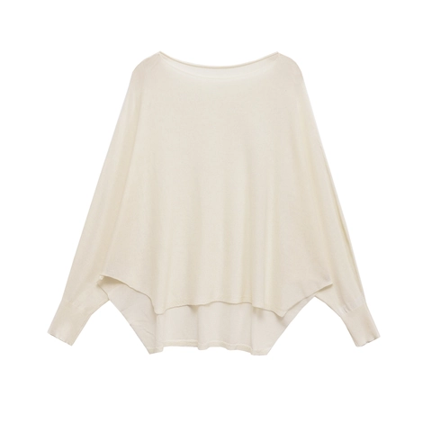 Women Knit Sweater Batwing Sleeve Round Neck Loose Acrylic Polyester Irregular Hem Solid Color Casual Pullover Top