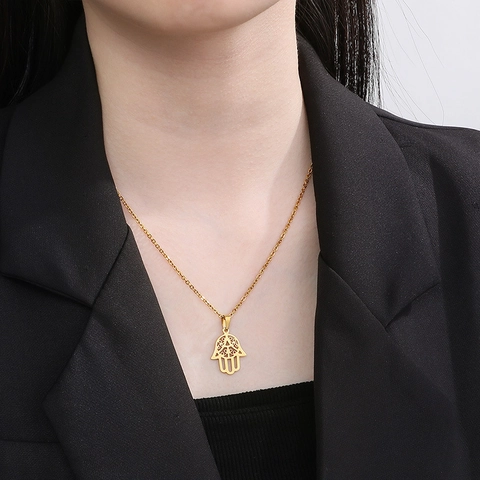 Hamsa Hand Pendant Necklace Stainless Steel Hollow Out Star Of David Heart Charm Fashion Jewelry For Women Men
