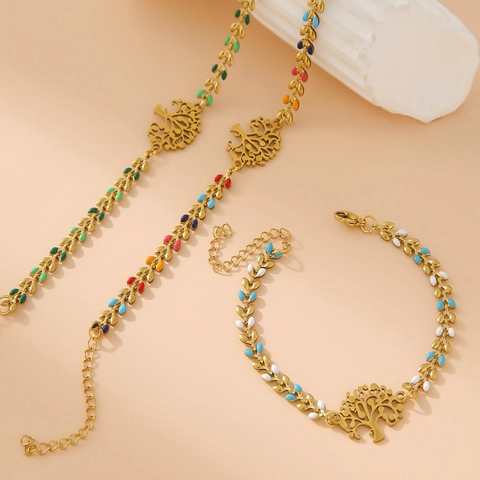 Minimalistisch Edelstahl Lebensbaum Emaille Blatt Kette Armband Für Damen Gold Mode Schmuck Verstellbar Hand Accessoire Geschenk