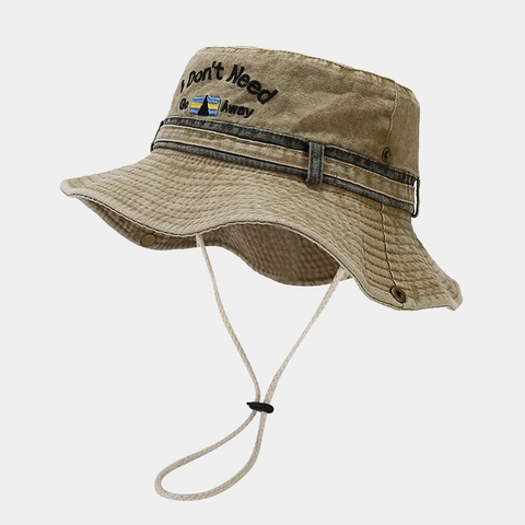 Vintage Washed Cotton Bucket Hat Wide Brim Outdoor Sun Hat With Embroidery Letter Adjustable Windproof Rope For Men Women