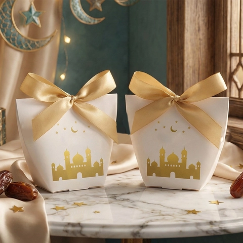 Eid Mubarak Gift Boxes Marble Gold Bronzing Mosque Pattern Candy Box With Satin Ribbon Ramadan Party Favor Packaging